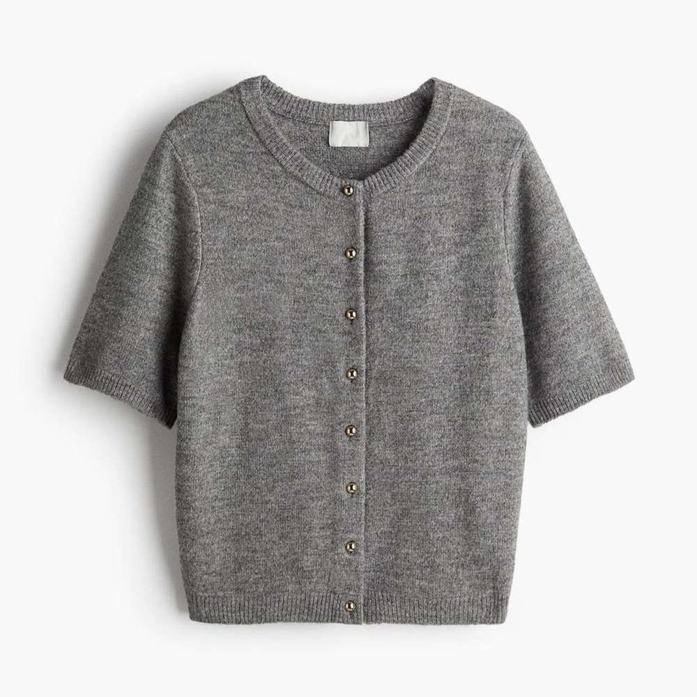 Gray Short Sleeve Button-Up Sweater